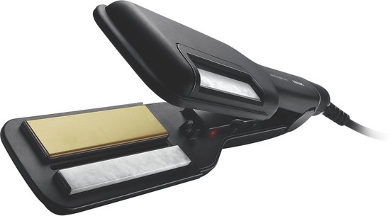 Zwarte Philips stijltang met gouden en zilveren platen.