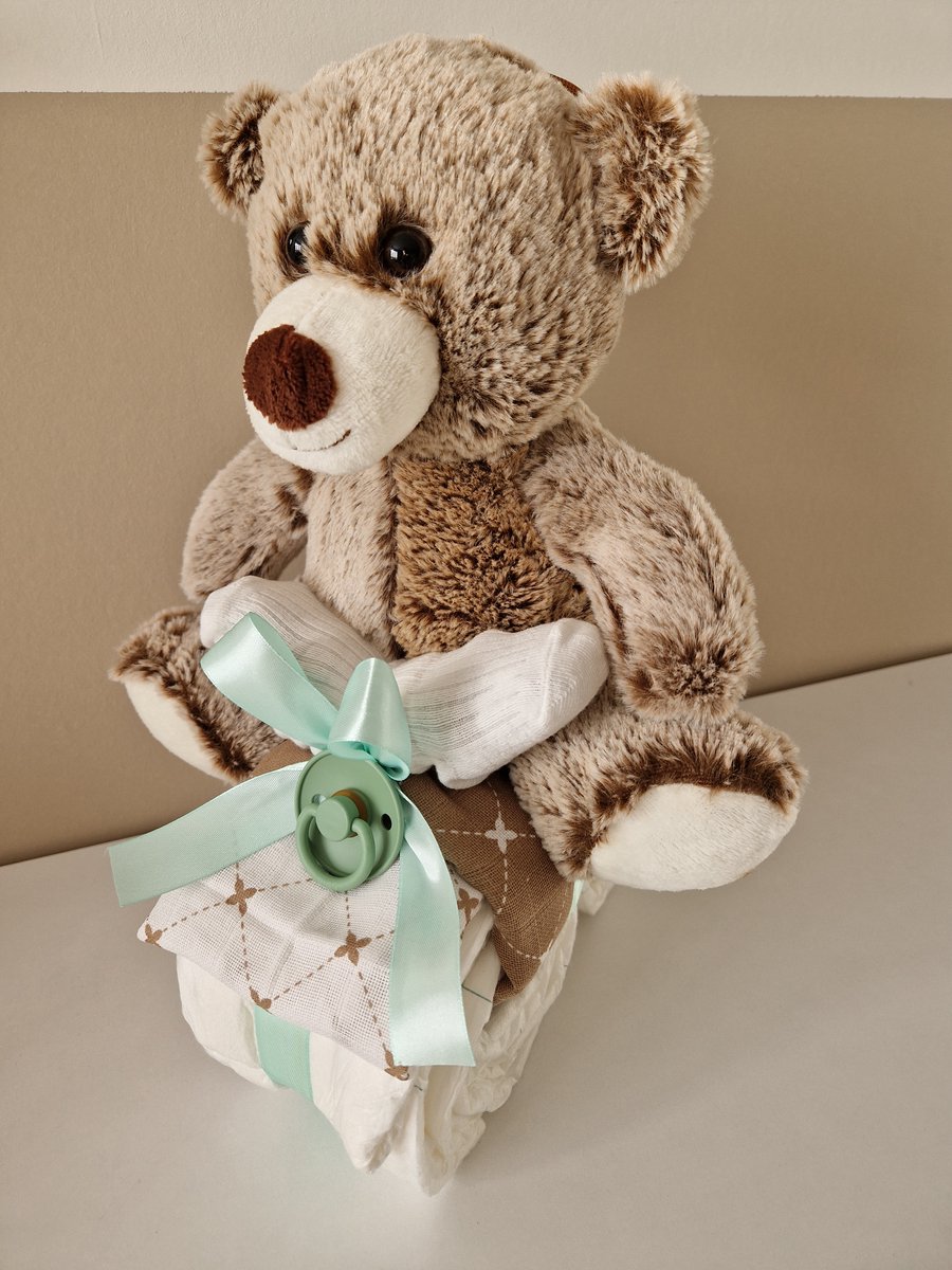 Goedkoopste Luiertaart motor met pluche beer neutraal - babyshower - kraamcadeau