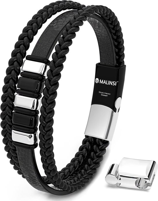 Malinsi Bracelet Homme - Cuir Zwart 3 cordons avec accents inox - 20 cm + 2 cm d'extension - Bracelet Homme
