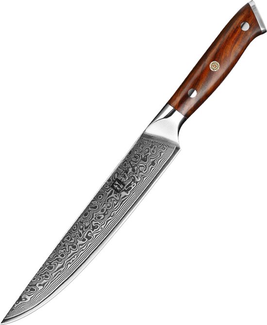 Foto: Damascus vleesmes 67 lagen xinzuo b13r yu luxe professioneel vlijmscherp damascus staal 34 cm keukenmes met rozenhouten handvat