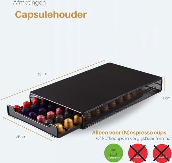 Tiroir métallique noir pour 60 capsules de café, dimensions 39x26x6cm. Le tiroir est ouvert et contient des capsules de différentes couleurs.