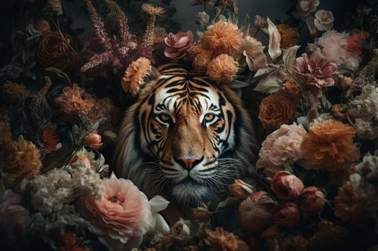 Glasschilderij 160x110x0.4 Tiger with Flowers
