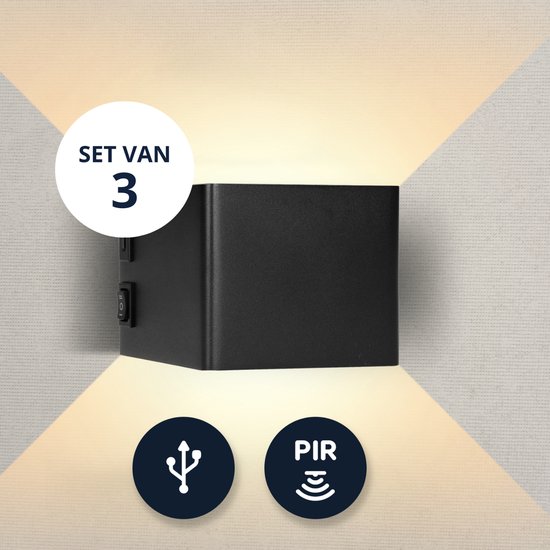 3x Latium Oplaadbare Wandlamp met Zwarte Bewegingssensor voor Binnen - USB Oplaadbaar - Draadloos - Batterij - Nachtlampje - Slaapkamer - Woonkamer - Zwart