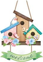 Lente welkomstbord voor huisdeur, vogels, bloemen, lente houten bord plaque voor deur (29 x 20 x 0,5 cm), hartelijk welkomstbord lente decoratie voor huis boerderij, welkomstbord