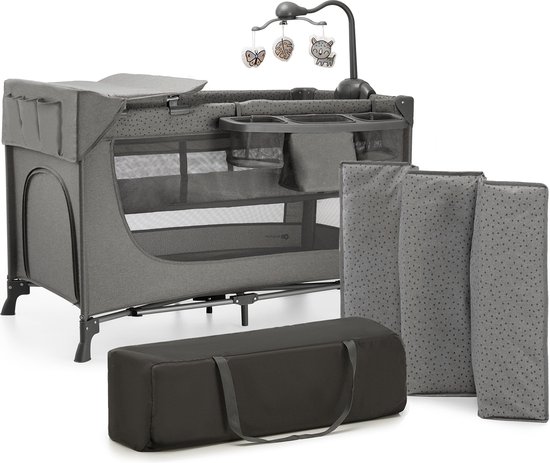 Kinderkraft JOY 2 ACC Reisbed 3-in-1 – Voor baby's tot 15 kg – Snel inklapbaar – Inclusief speelcarrousel, luierplateau, aankleedonderlegger en draagtas – Grijs