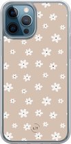 Hoesje geschikt voor iPhone 12 - Cute flowers - 2in1 backcover - Bloemen - Beige - Leuke Telefoonhoesjes