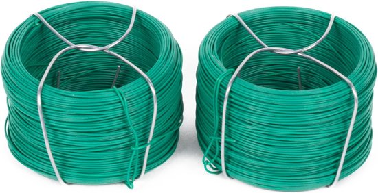 Twee rollen glanzend groen binddraad met metalen steunen, getoond op witte achtergrond.