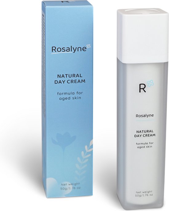 Witte flacon en blauwgroene doos van Rosalyne Natural Day Cream, beide met "formula for aged skin".