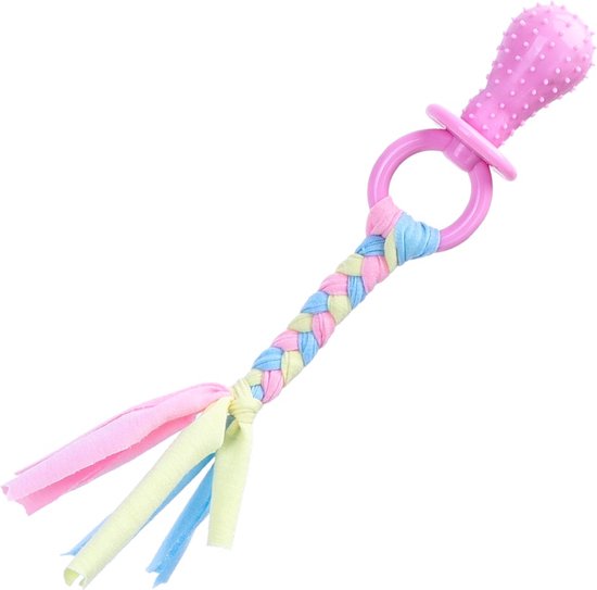 Roze hondenspeeltje in de vorm van een speen met een vlechtwerk van blauwe, gele en roze lintjes.