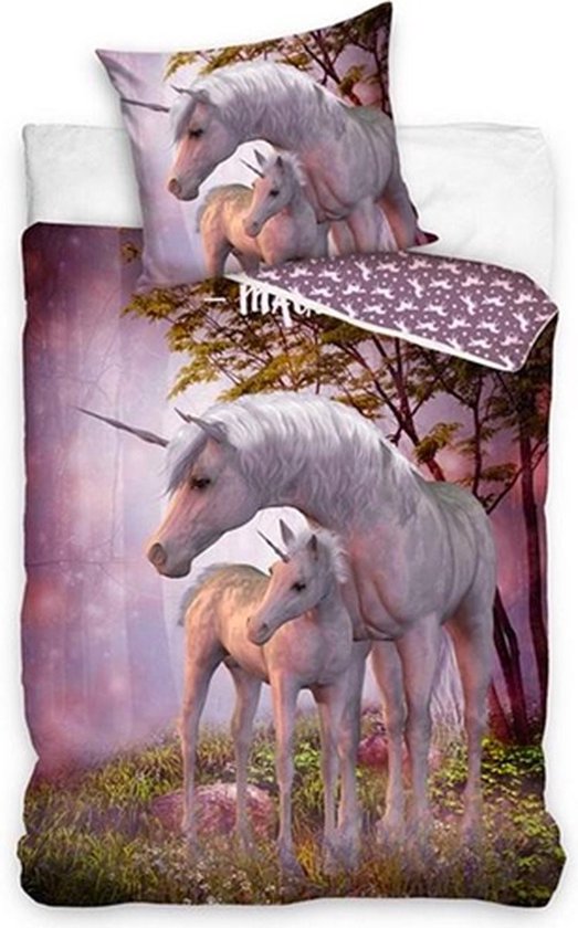 1-persoons meisjes dekbedovertrek (dekbed hoes) “magical unicorn met veulen” lila paars met eenhoorn (paard / pony) met jong in het bos tussen de lavendel bloemen KATOEN eenpersoons 140 x 200 cm (lief beddengoed meiden slaapkamer)