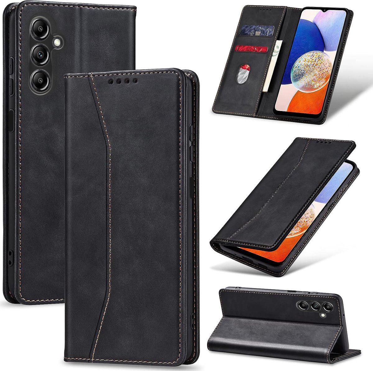 Nuvex Hoesje met Pasjeshouder geschikt voor Samsung Galaxy A14 Zwart Telefoonhoesje - Anti-Shock Bookcase Cover met 1x Screenprotector