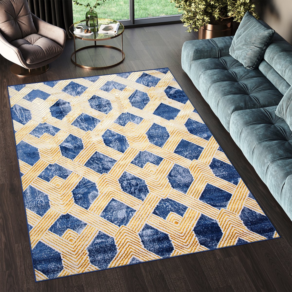 Tapiso Shine Vloerkleed Blauw Modern Abstract Woonkamer Tapijt Maat- 140x200 Donkerblauw