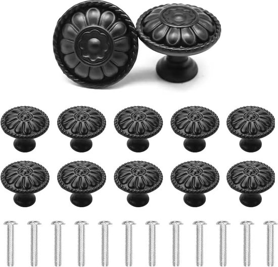 Boutons d'armoire 12 pièces boutons de tiroir ronds, bouton de meuble de 30 mm noir avec vis, boutons de porte d'armoire boutons de tiroir ronds à motif floral vintage pour commode de meubles