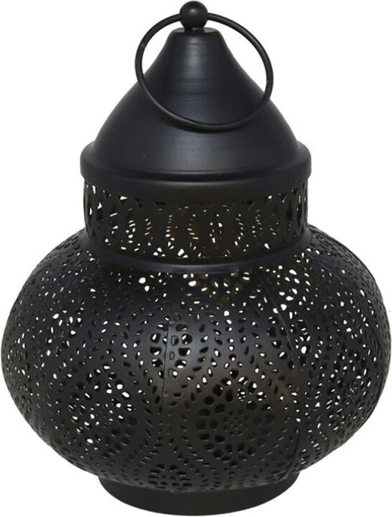Tuin deco lantaarn - Marokkaanse sfeer stijl - zwart/goud - D15 x H19 cm - metaal - buitenverlichting - buitenverlichting