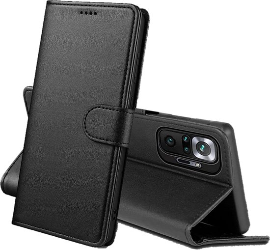 Étui portefeuille noir pour téléphone, fermé et ouvert, avec une fermeture magnétique.