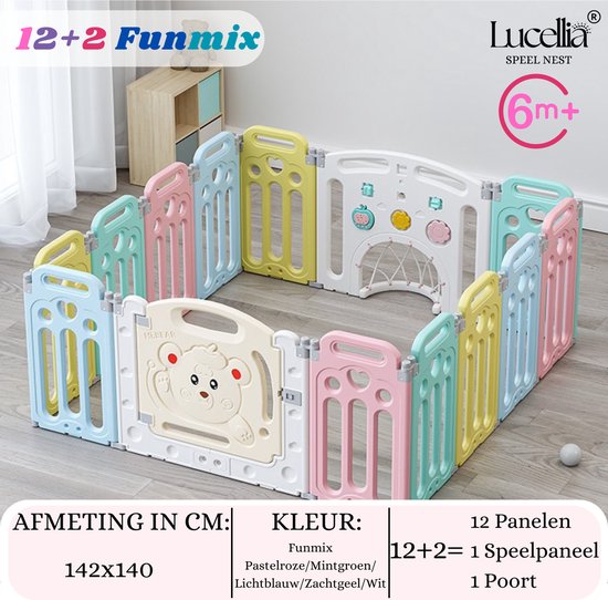 Lucellia® Grondbox – Inklapbare box – Met speelmat - 142x140 CM – Playpen baby - Babypark - Antislip – Met Zuignap - Kruipbox – Kinderbox – Baby box – Speelbox – 12+2 panelen - KleurenMix Bear Edition inclusief Kruipmat