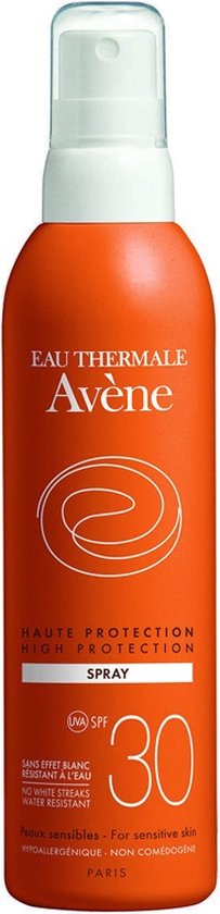Oranje spuitbus Avène zonbescherming, SPF 30, 'HAUTE PROTECTION HIGH PROTECTION SPRAY', waterresistent.