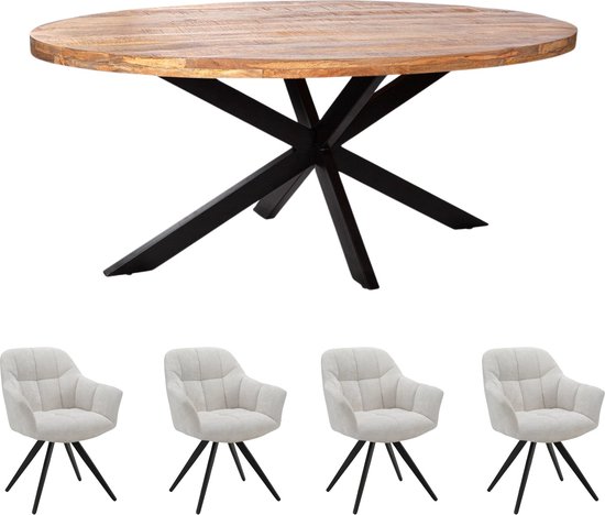 Zita Home Combi Voordeel - Eettafel 190cm + set van 4 stoelen - Mangohout - Ovale eettafel - set van 4 antraciete draaibare stoel