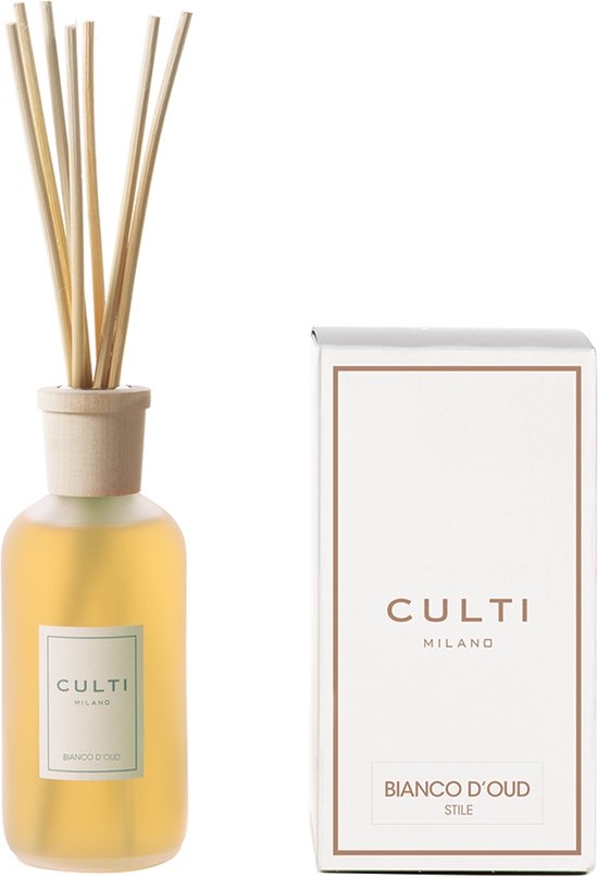 Culti Stile Classic Bianco D'Oud diffuser met 250ml geurvloeistof, inclusief houten stokjes en doosje.