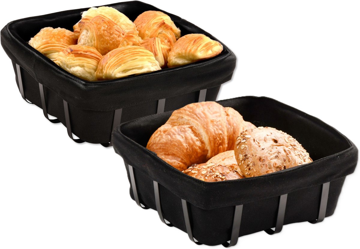 Kesper Broodmandje met stof - 2x - metaal/peva - zwart - vierkant - D22 x H9 cm