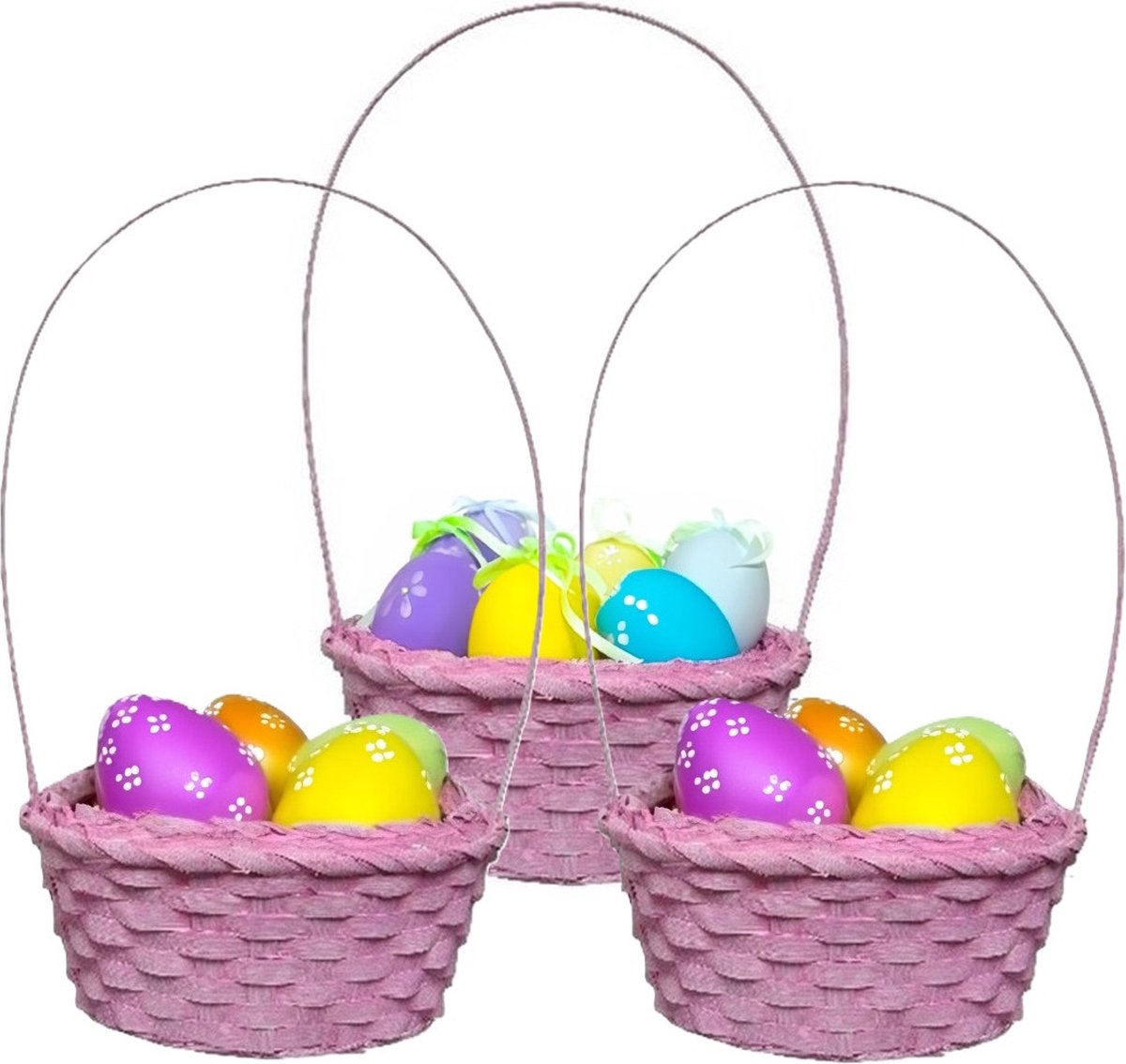 Kaemingk Rieten mandje met hengsel - 3x - roze - D20 x H38 cm - paasmandje