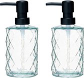 Berilo zeeppompje/dispenser Diamond - 2x - helder transparant - glas - 18 x 7 x 9 cm - 410 ml - badkamer/toilet/keuken
