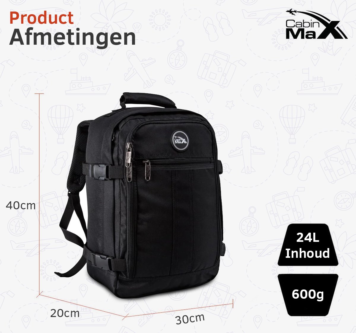 CabinMax Metz Reistas – Handbagage 24L Ryanair / Wizz Air – Rugzak Transavia – Schooltas - 40x30x20 cm – Compact Backpack – Lichtgewicht – Zwart – foto 7