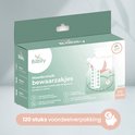 Verpakking van Babily moedermelk bewaarzakjes: 120 stuks, 240ML, met tekst over materiaal en hygiëne.