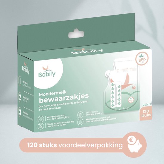 Verpakking van Babily moedermelk bewaarzakjes: 120 stuks, 240ML, met tekst over materiaal en hygiëne.