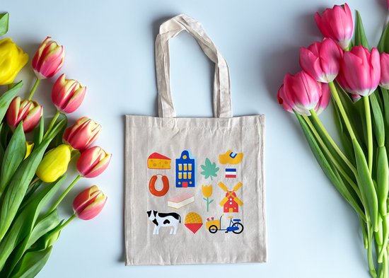 Tote bag - Nederlandse iconen - goede kwaliteit, stevig, perfect voor boodschappen, laptops, boeken, enz.