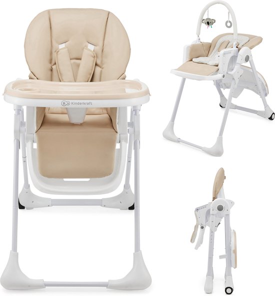 Kinderkraft TUMMIE 2-in-1 Kinderstoel - Voor Pasgeborenen en Oudere Baby’s - Verstelbare Zitting en Voetensteun, Ligpositie en Speelboog - Beige