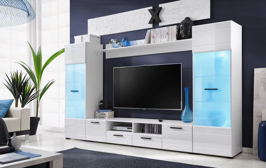 Meuble TV Switch + LED - 260 x 150 cm - Elément mural - blanc mat / blanc brillant - Maxi Maja