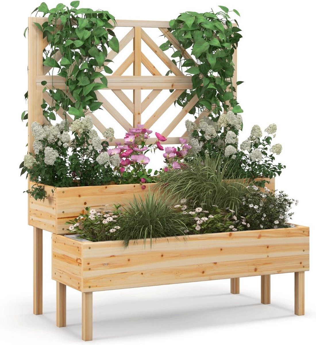 Plantenbak met klimrek - Bloembak - Weerbestendig - Met trellis - Buiten - Hout - Plantenrek - 2x72 Liter - Bruin
