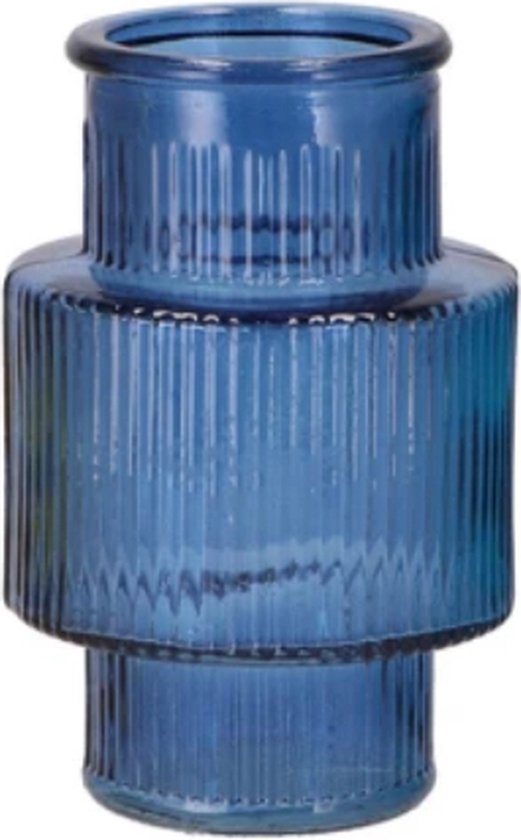 Supervintage mooie grote glazen vaas blauw met ribbel 20 x 31 cm