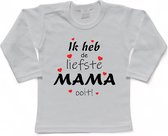 T-shirt Kinderen "Ik heb de liefste mama ooit!" Moederdag | lange mouw | Wit/rood/zwart | maat 98