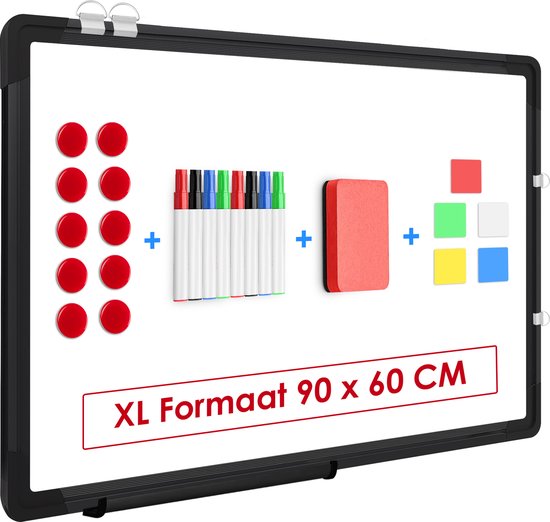 Duerté Whiteboard XL Magnetisch met Stiften - 90X60 CM inclusief wisser - 23 Delig set - Schoolbord & stiften zwart - Krasvast Memobord - Emaille Magneetbord