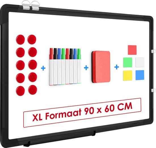 Foto: Duert whiteboard xl magnetisch met stiften 90x60 cm inclusief wisser 23 delig set schoolbord stiften zwart krasvast memobord emaille magneetbord