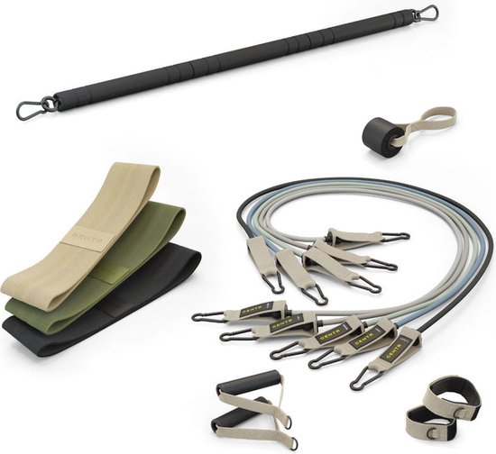 Centr by Chris Hemsworth Workout Kit 15 in 1 - 3x Weerstandsband - 5x Fitnesstube - 2x D-hendels - 1x Rechte Fitness Bar - 2x Ankle Straps - 1x Deuranker - 1x Reistas - Thuis fitness