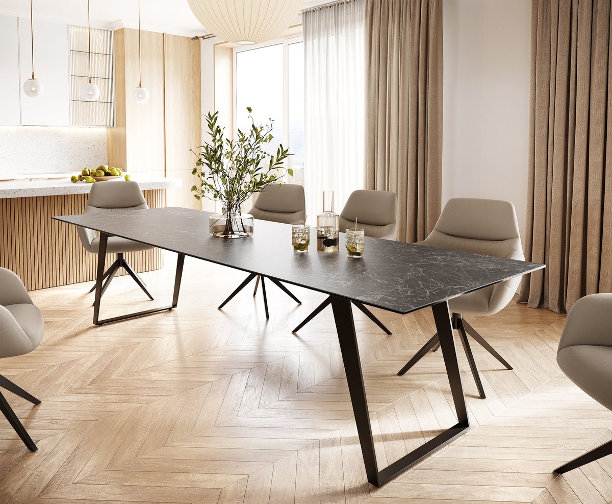Eettafel Edge keramiek Laminam® Nero Greco grijs 300x100 metaal schuin zwart