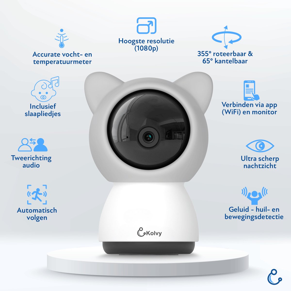 Afbeelding 2 van Kolvy® Babyfoon Pro - Intelligente Baby Monitor - Babyfoon met Camera en App - 1080p - Nachtzicht - Tweeweg Audio - Inclusief Slaapliedjes