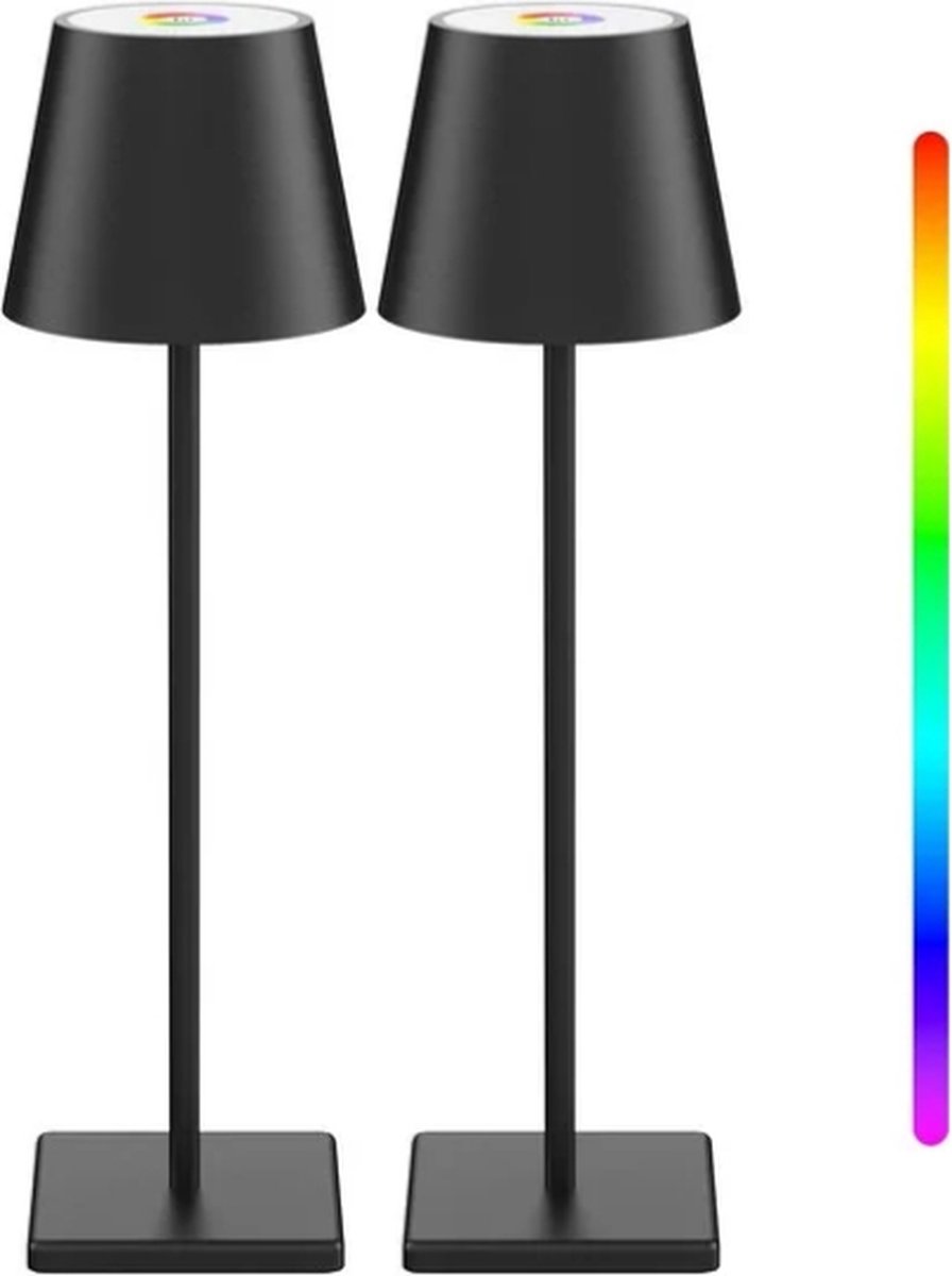 Oplaadbare Tafellamp - 2 Stuks - RGB + Warm Wit - Draadloos - Dimbaar - USB C - Touch lamp - 38 CM - Zwart - LED - Anti Slip Voet - IP 54