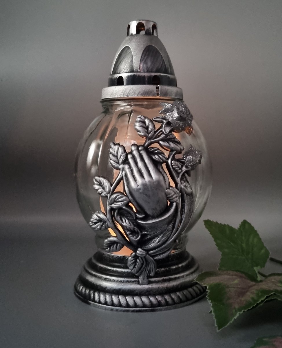 Herdenkingslicht - R21x- Zilver - Hand- Roos- Grafkaars – Graflicht – Graflantaarn – Grafdecoratie - Windlicht