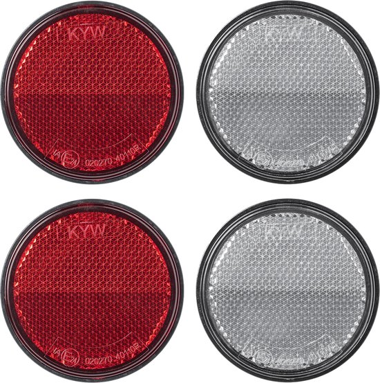 Set van vier ronde reflectoren, twee rood en twee wit, met honingraatpatroon en E24-keurmerk.