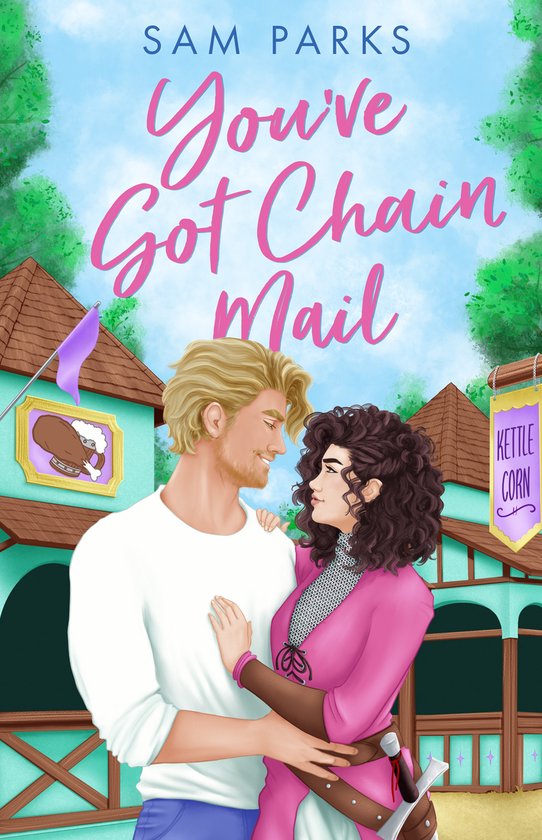 Boekcover met een blonde man en een vrouw met donkere krullen, ze kijken elkaar liefdevol aan. Achtergrond van een dorpsplein met een kettle corn kraam.