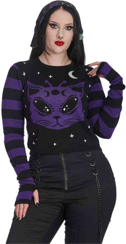 Banned - Alien Space Cat Gebreide trui - 4XL - Zwart/Paars