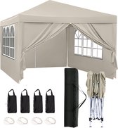 Qualytents - Tente de fête - Facile à monter - 3 x 3m - Pavillon avec panneaux latéraux - Pliable - Tente étanche - Hauteur réglable - Sable - Extra robuste