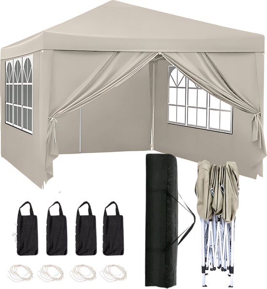 Qualytents - Partytent - Easy up - 3 x 3m - Paviljoen met Zijpanelen - Opvouwbaar - Waterdichte Tent - In Hoogte Verstelbaar - Zand - Extra stevig