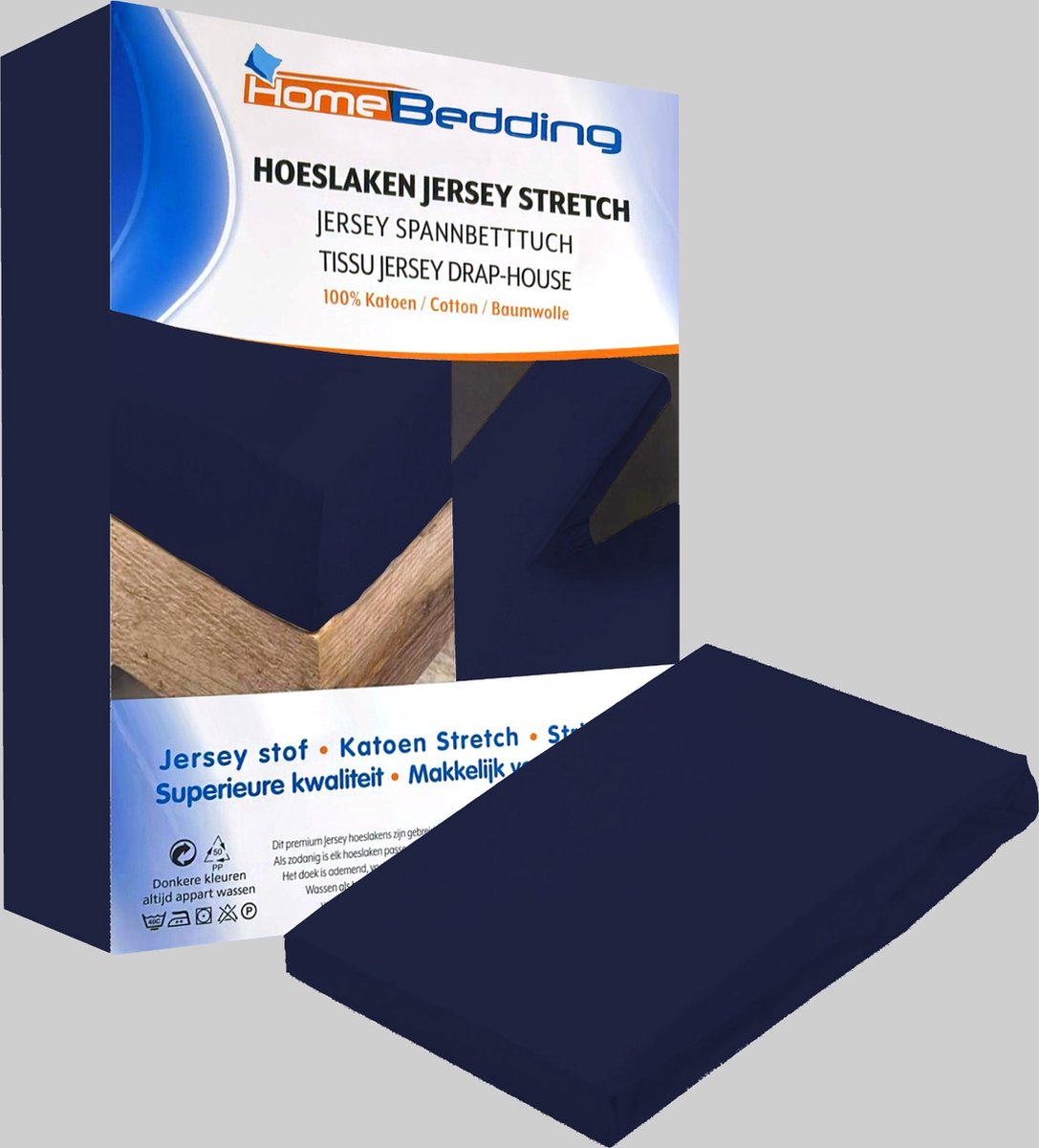 Premium hoeslaken-jersey-100% katoen -stretch-Lits-jumeaux-200x200 +40cm-Hoekhoogte- geschikt voor boxspring- -Donkerblauw