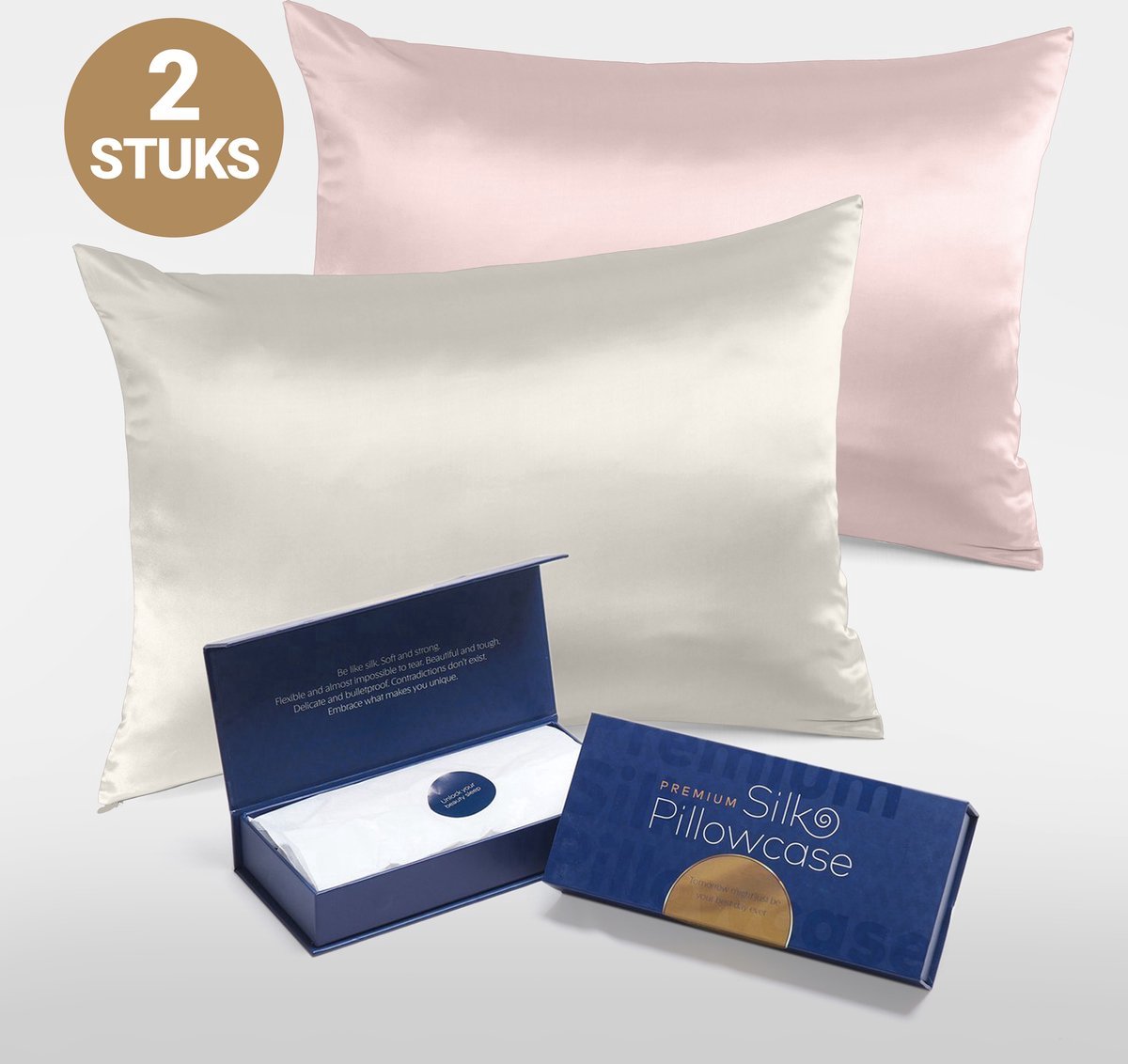 Slowwave Premium Silk Pillowcase - Colorpack: Off-white en Pink Swan (lichtroze) - 100% Moerbeizijde - 22 momme - Hoogste kwaliteit (grade 6A) - 60x70cm