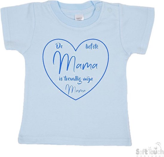 Soft Touch T-shirt Shirtje Korte mouw "De liefste mama is toevallig mijn mama" Unisex Katoen Blauw/blauw Maat 62/68